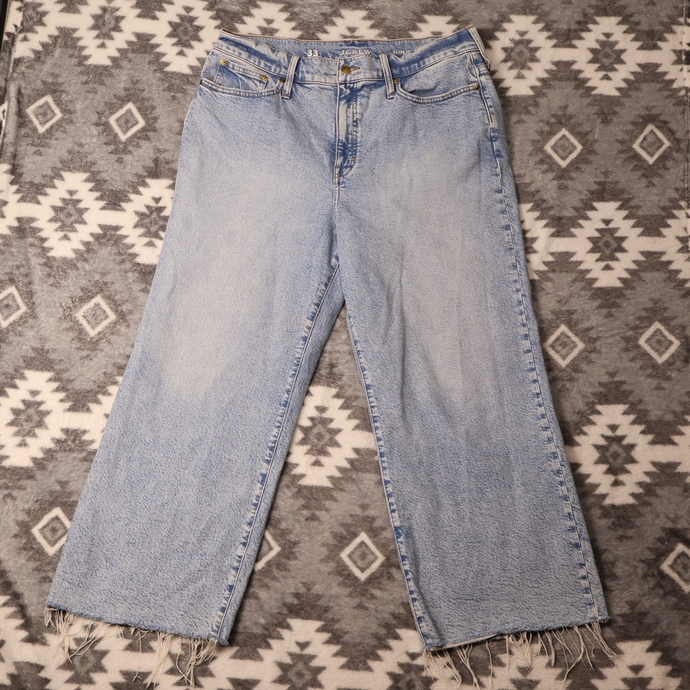 J.Crew Slim Wide Leg Jeans Light Wash Raw Hem Denim Size 33 High Rise